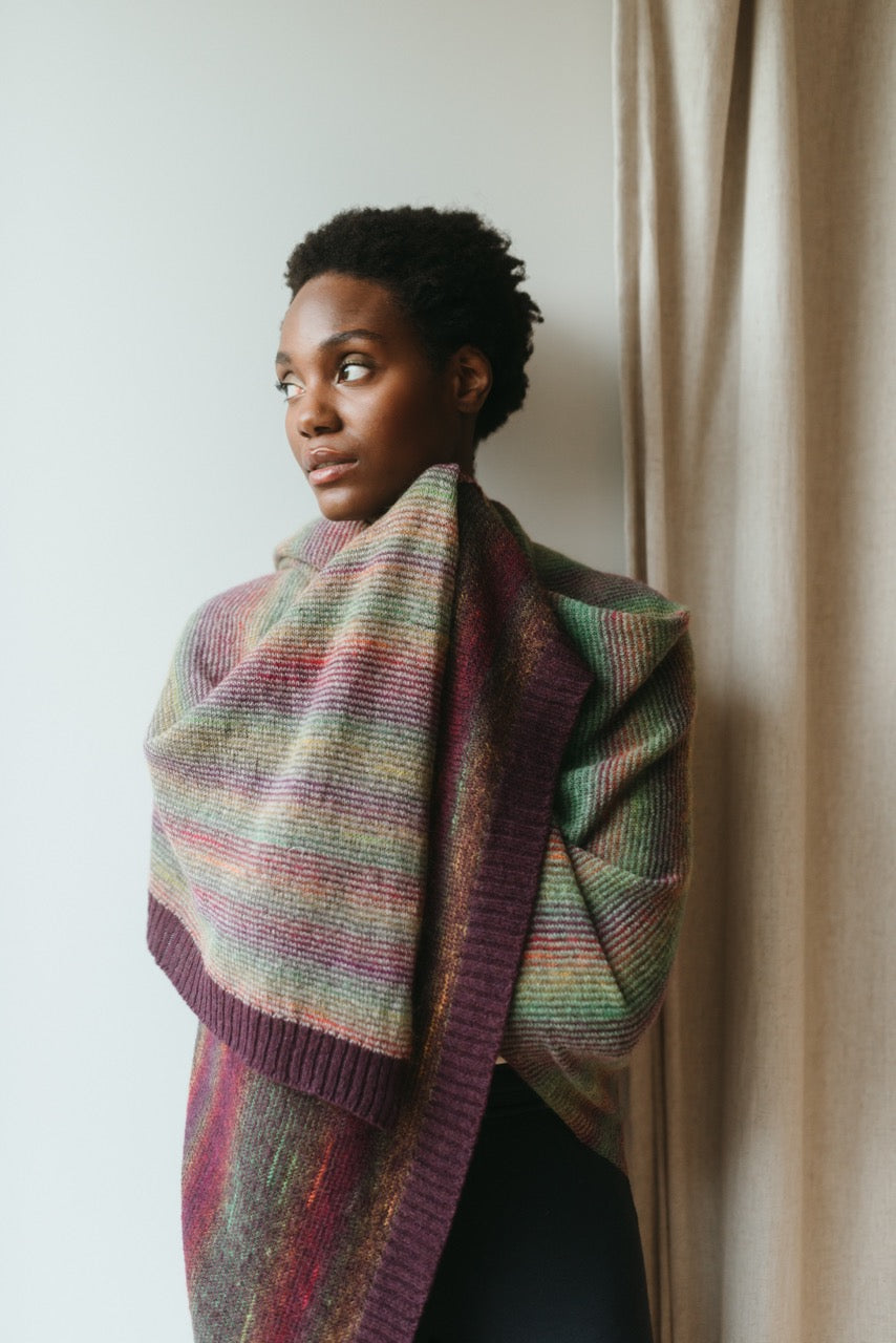 Eribe kid mohair and merino wool Treeline wrap in Lingonberry.