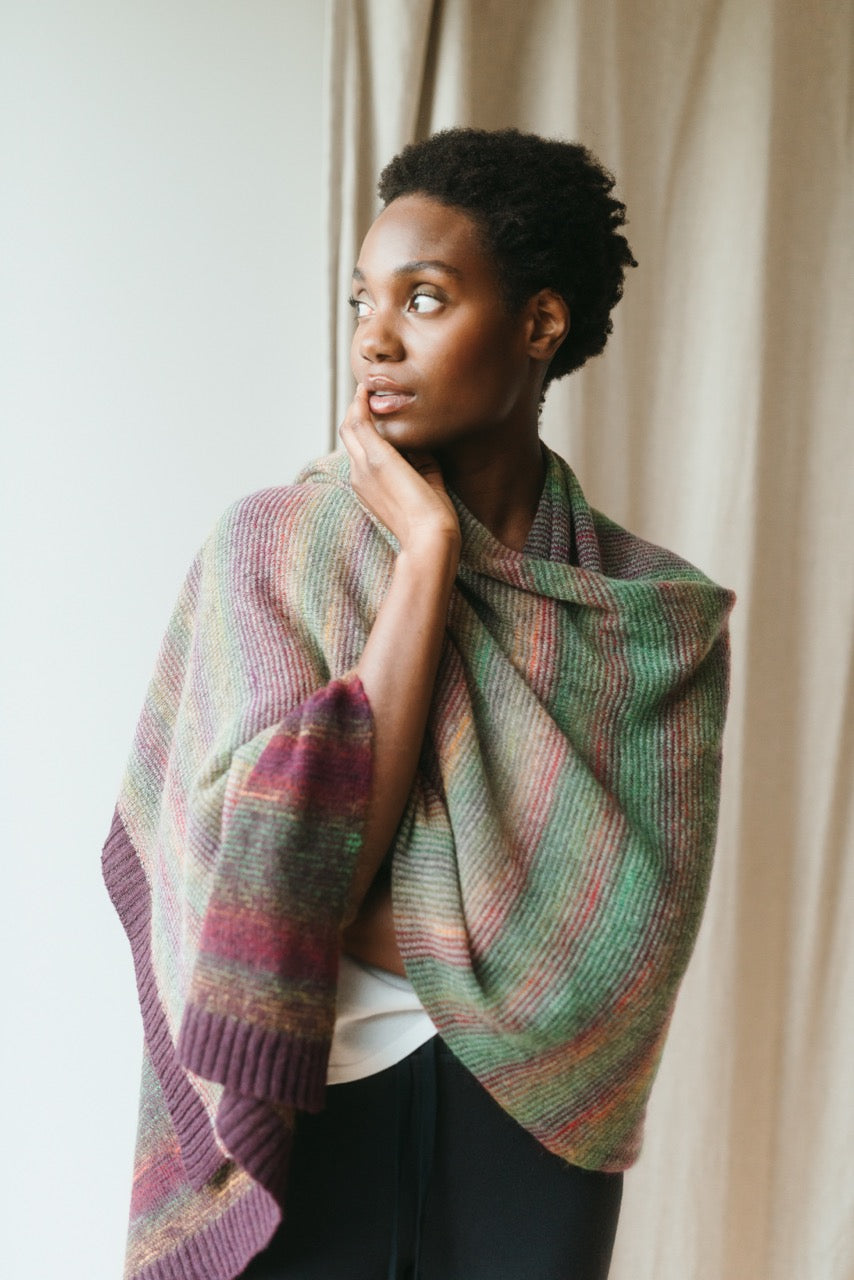 Eribe kid mohair and merino wool Treeline wrap in Lingonberry.