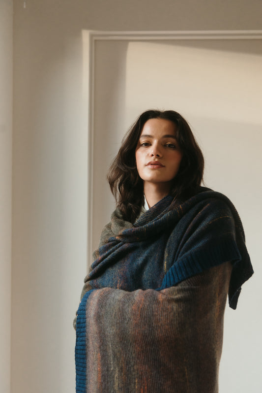 Eribe kid mohair and merino wool Treeline wrap in Vole.