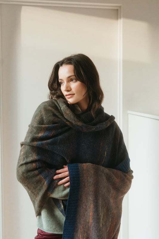 Eribe kid mohair and merino wool Treeline wrap in Vole.