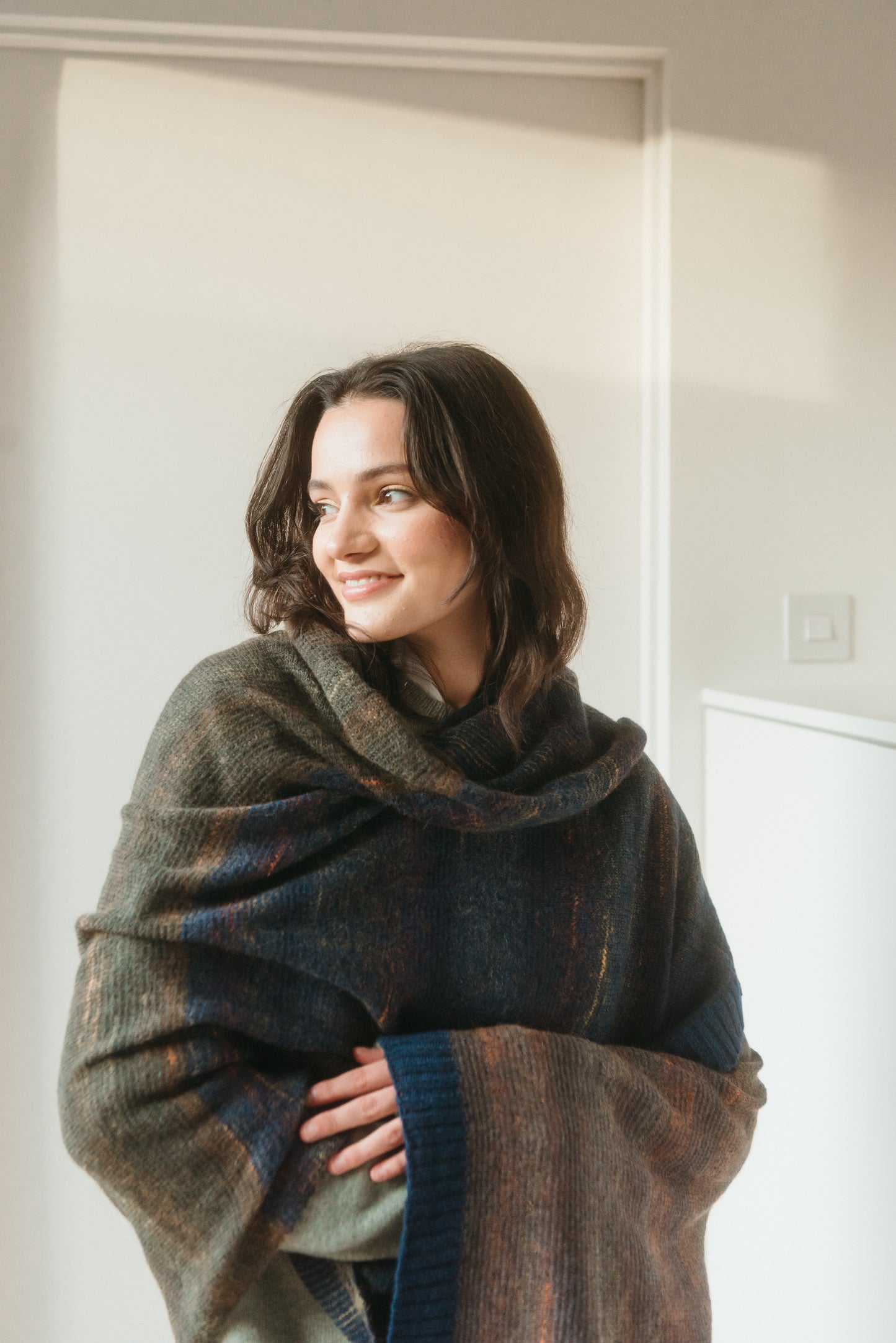 Eribe kid mohair and merino wool Treeline wrap in Vole.