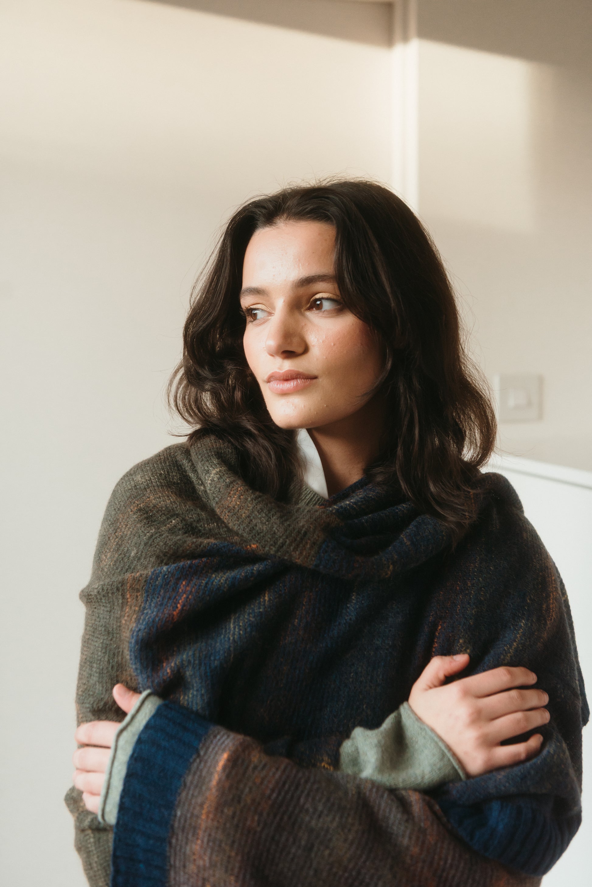 Eribe kid mohair and merino wool Treeline wrap in Vole.