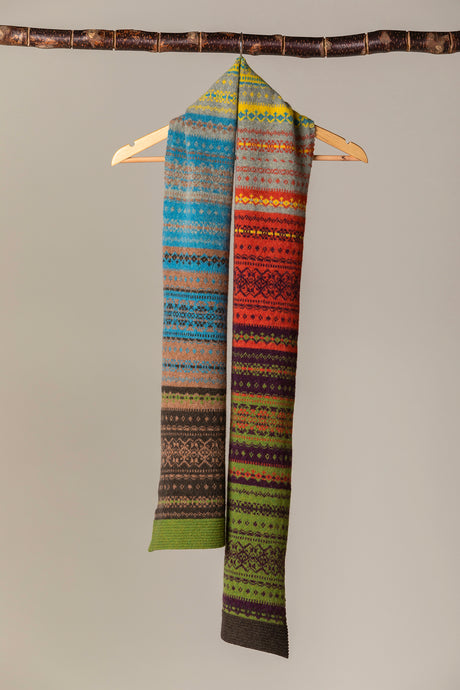 Eribe Alloa scarf all over fairisle in October - olive green, chocolate, coral alnd sky with touches of yellow.