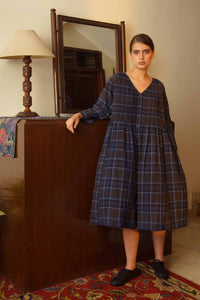 DVE Collection Bumi dress in brown and indigo check cotton.