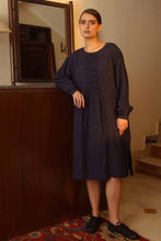 Load image into Gallery viewer, DVE Collection navy pinstripe linen pintucked Dev dress.