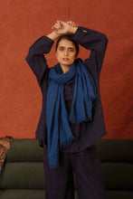 Load image into Gallery viewer, DVE collection pure linen scarf in blue and navy small check.