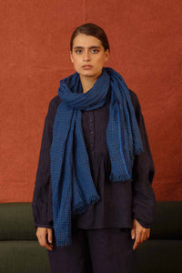 DVE collection pure linen scarf in blue and navy small check.