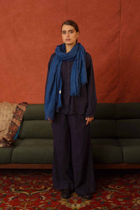 DVE collection pure linen scarf in blue and navy small check.