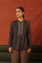 Load image into Gallery viewer, DVE Apa blouse hand embroidered and pin tucked in charcoal softlly boiled wool.