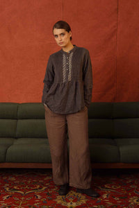 DVE Apa blouse hand embroidered and pin tucked in charcoal softlly boiled wool.