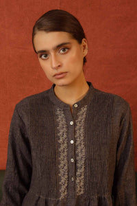 DVE Apa blouse hand embroidered and pin tucked in charcoal softlly boiled wool.