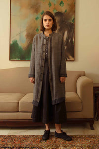 Dve Collection reversible wool Diya long jacket in black charcoal.