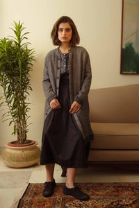 Dve Collection reversible wool Diya long jacket in black charcoal.