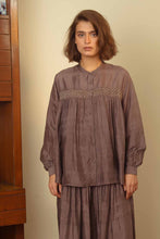 Load image into Gallery viewer, DVE Usha blouse in handloom grey silk with smocked front.