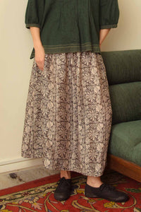 Dve Collection Isha one size skirt in silk cotton blockprinted in iron grey, scarab print.