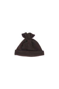PCNQ brown wool beanie with gather at top that releases to create a snood, made in Japan.