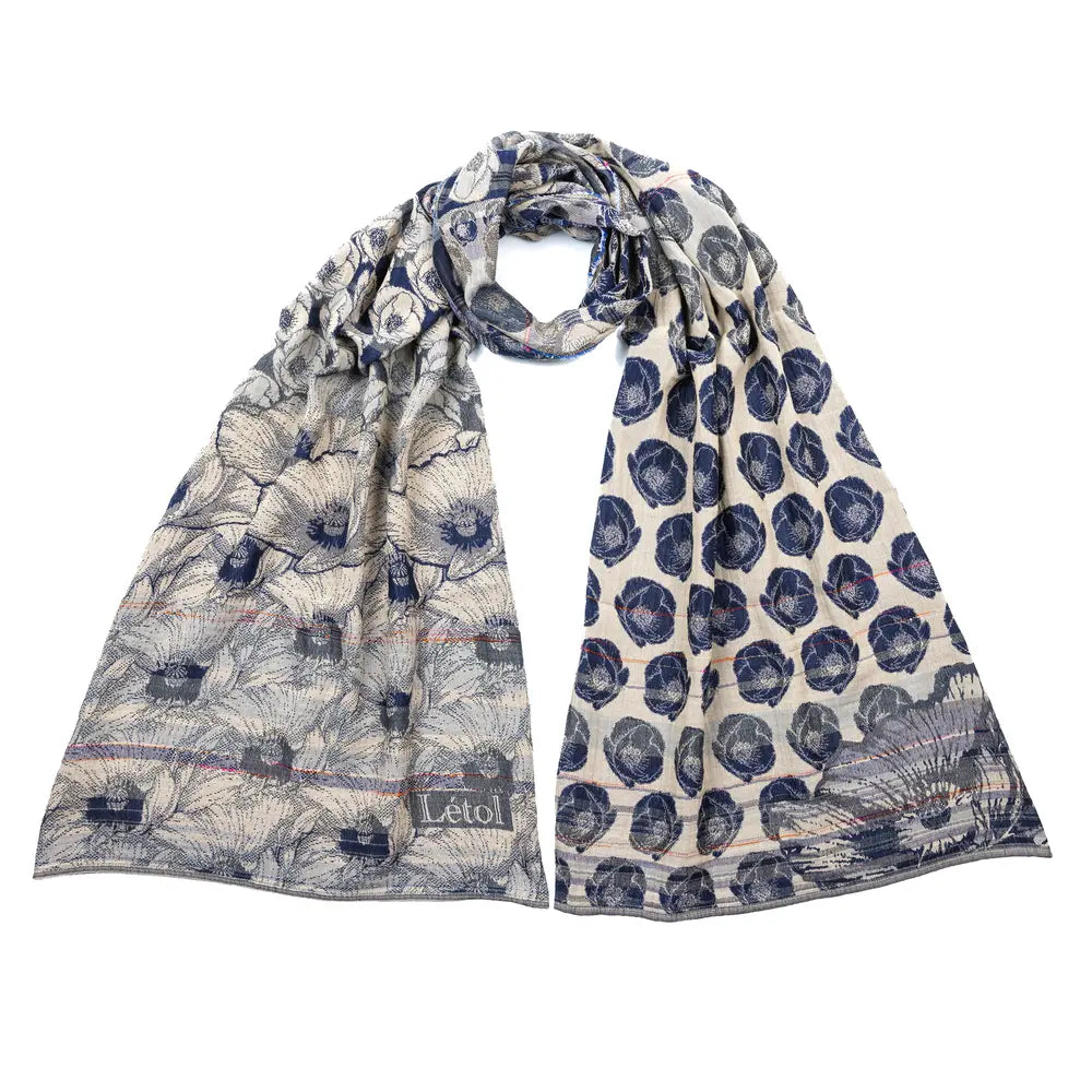 Letol organic cotton jacquard floral scarf Stephanie in navy blue.