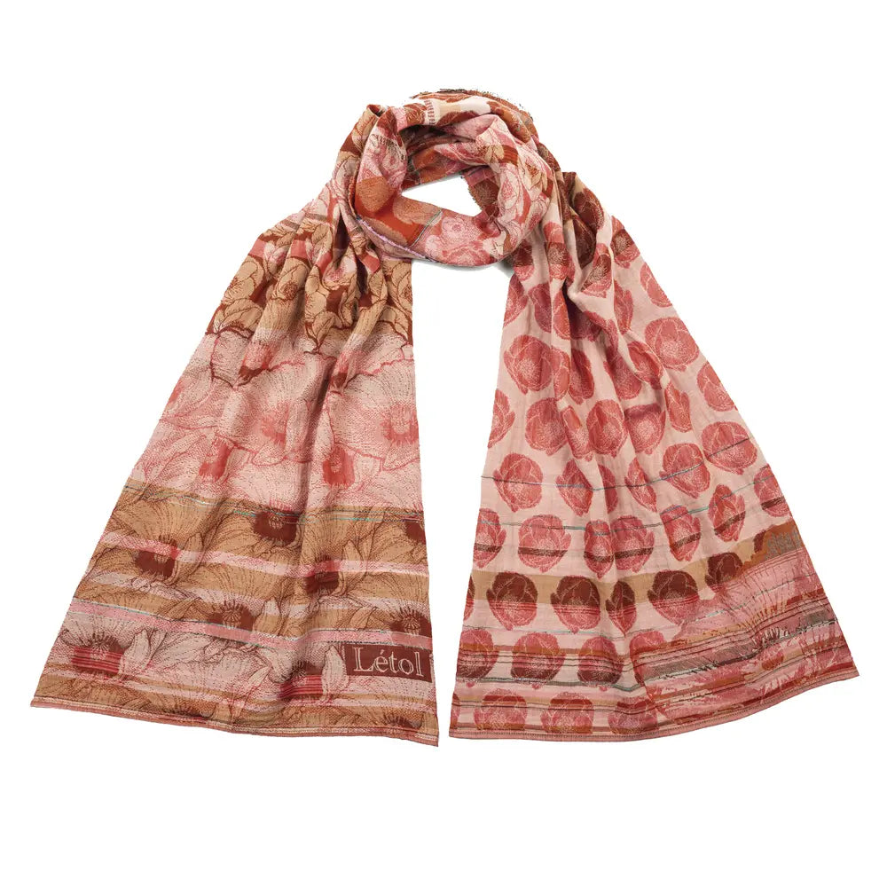 Letol organic cotton jacquard floral scarf Stephanie in Bonne mine pomegranate red and taupe.