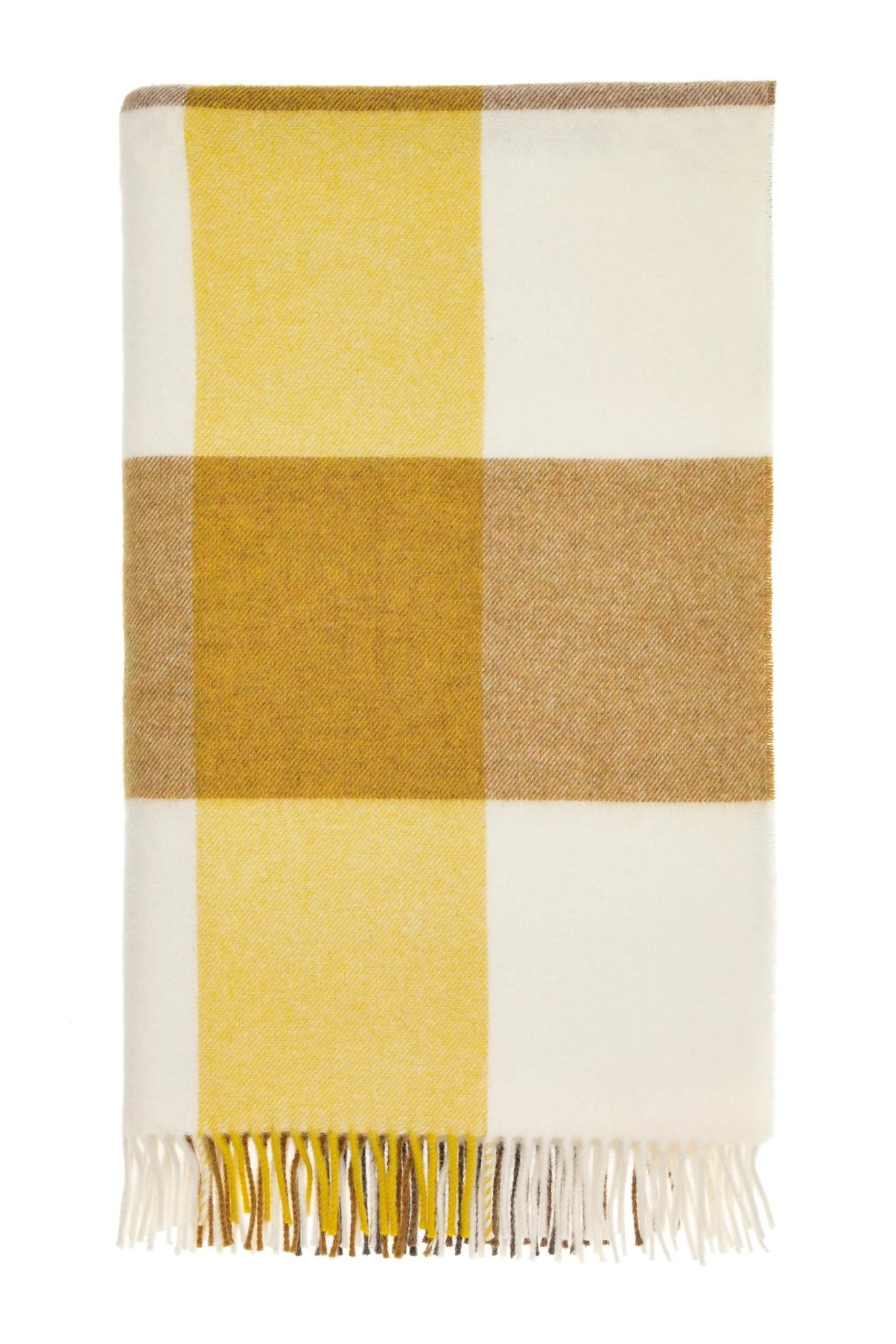 Bronte by Moon soft merino wool throw in large check Block Islay pattern in gold.