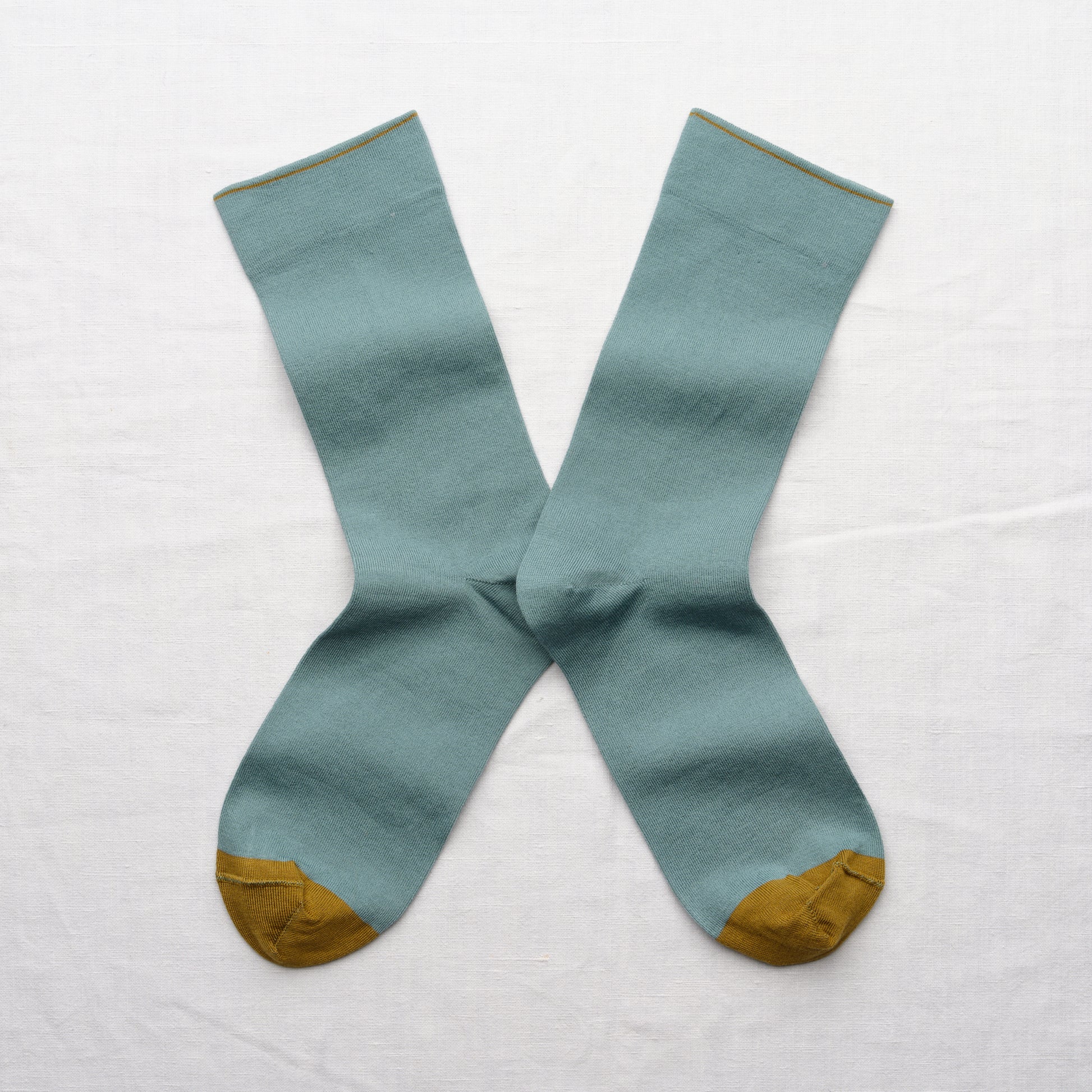 Bonne Maison Arctic blue sock with khaki absinth green toe, made in France cotton socks.