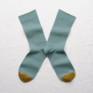 Bonne Maison Arctic blue sock with khaki absinth green toe, made in France cotton socks.