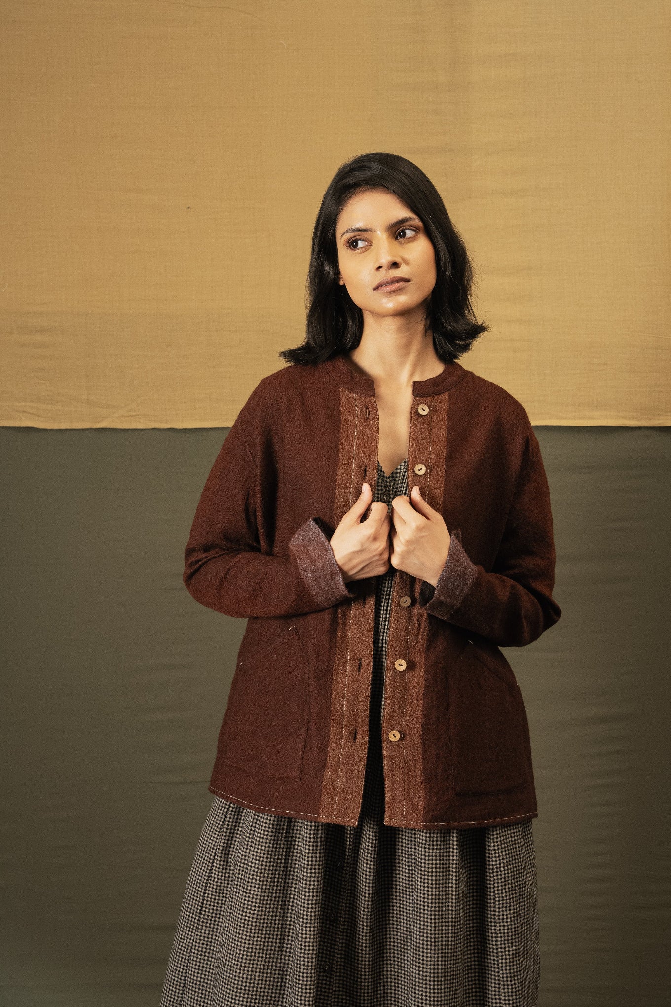 DVE Santati fine wool reversible jacket in pinecone brown.