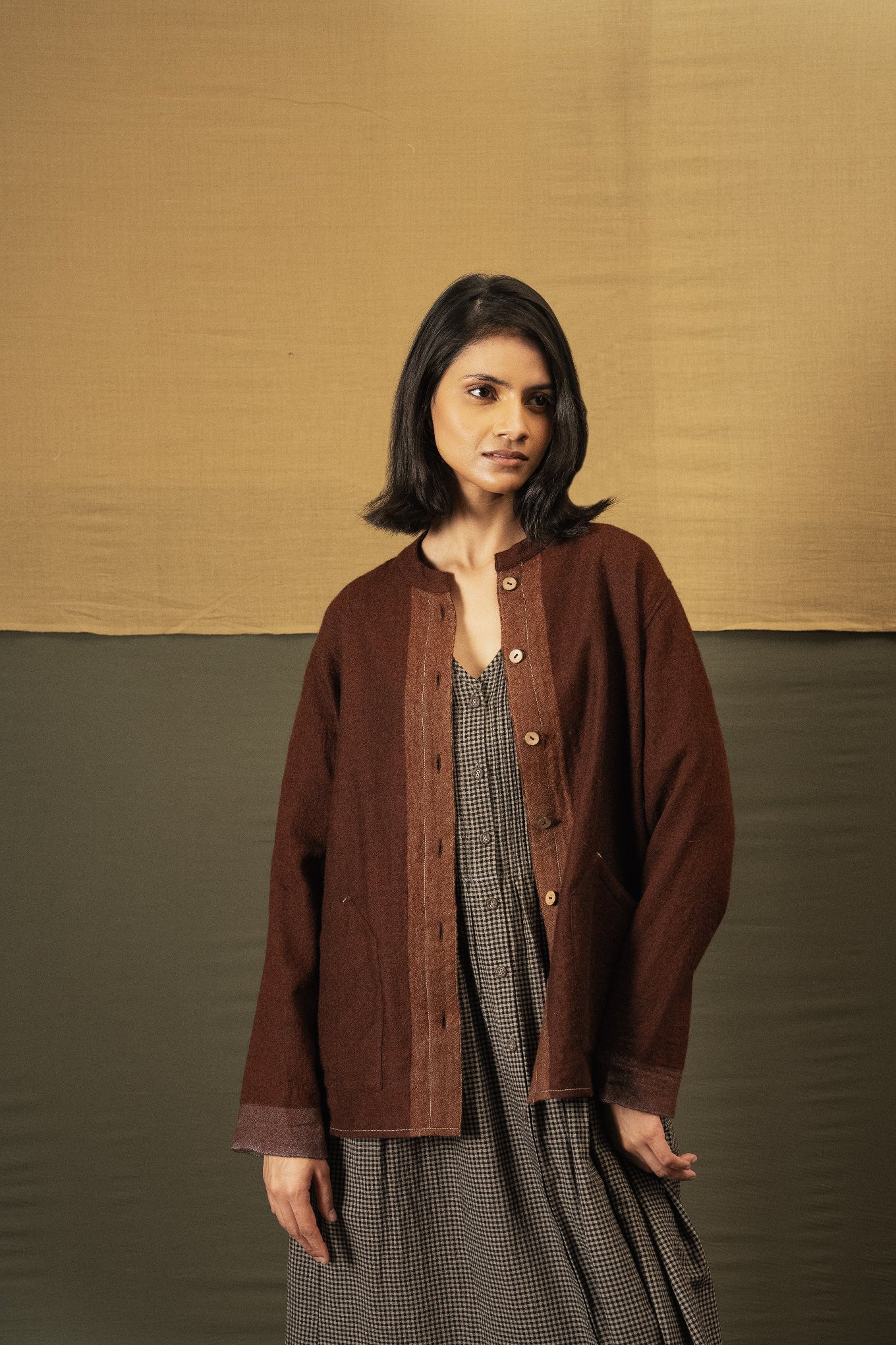 DVE Santati fine wool reversible jacket in pinecone brown.
