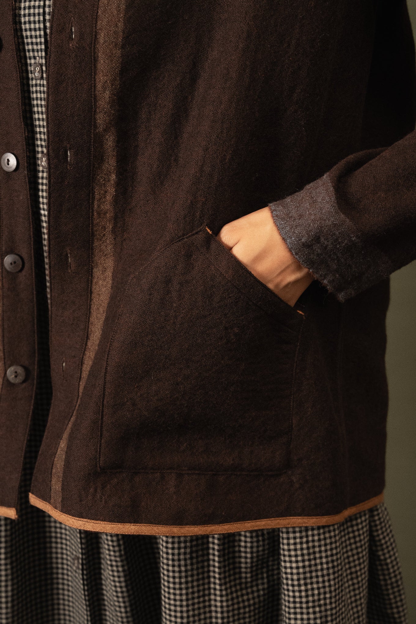 DVE Santati fine wool reversible jacket in pinecone brown.