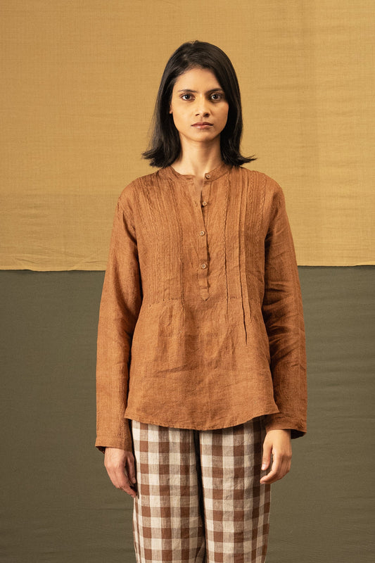 DVE Apa button up collarless linen blouse in French beige tan brown with pintuck and embroidered details.