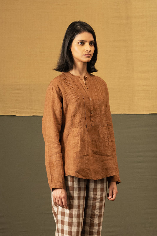 DVE Apa button up collarless linen blouse in French beige tan brown with pintuck and embroidered details.