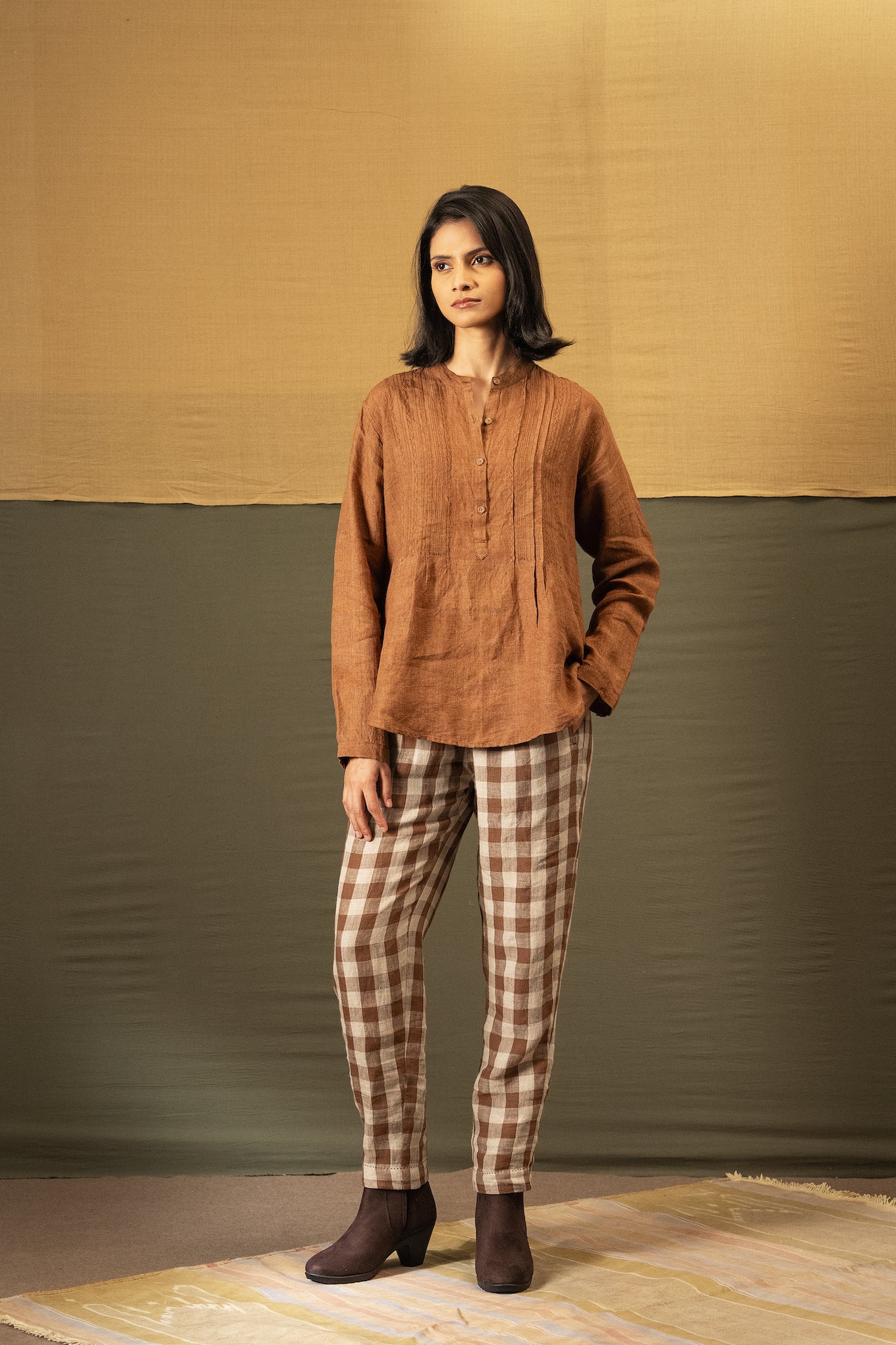 DVE Apa button up collarless linen blouse in French beige tan brown with pintuck and embroidered details.