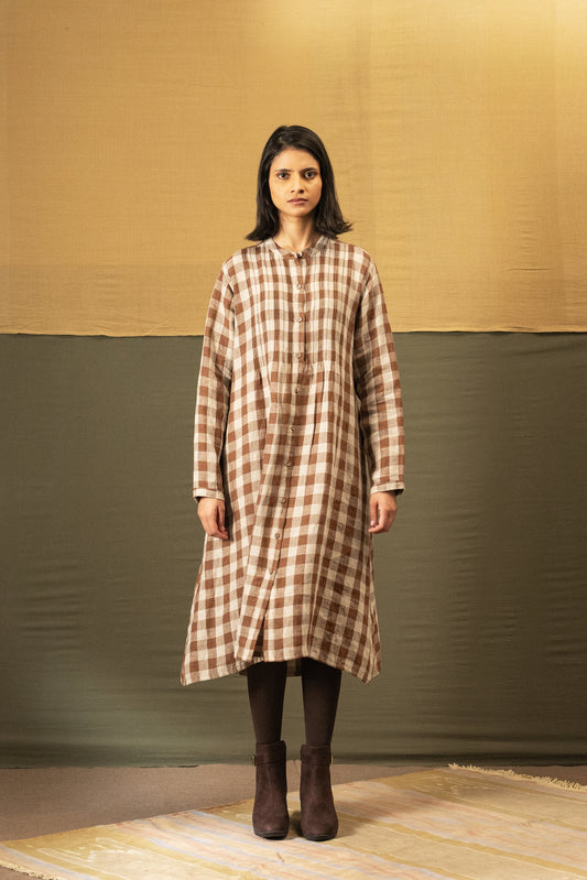 DVE Heera button up dress in French beige linen check.