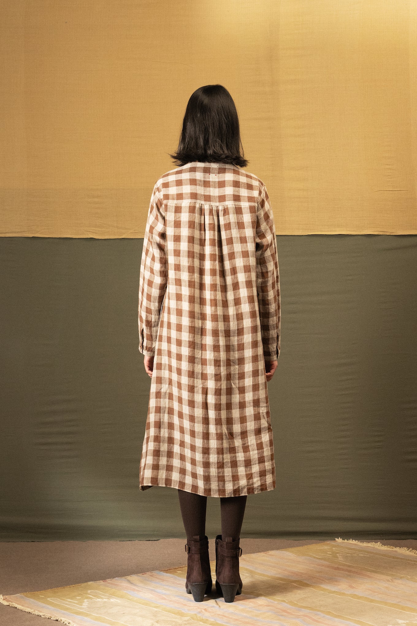 DVE Heera button up dress in French beige linen check.