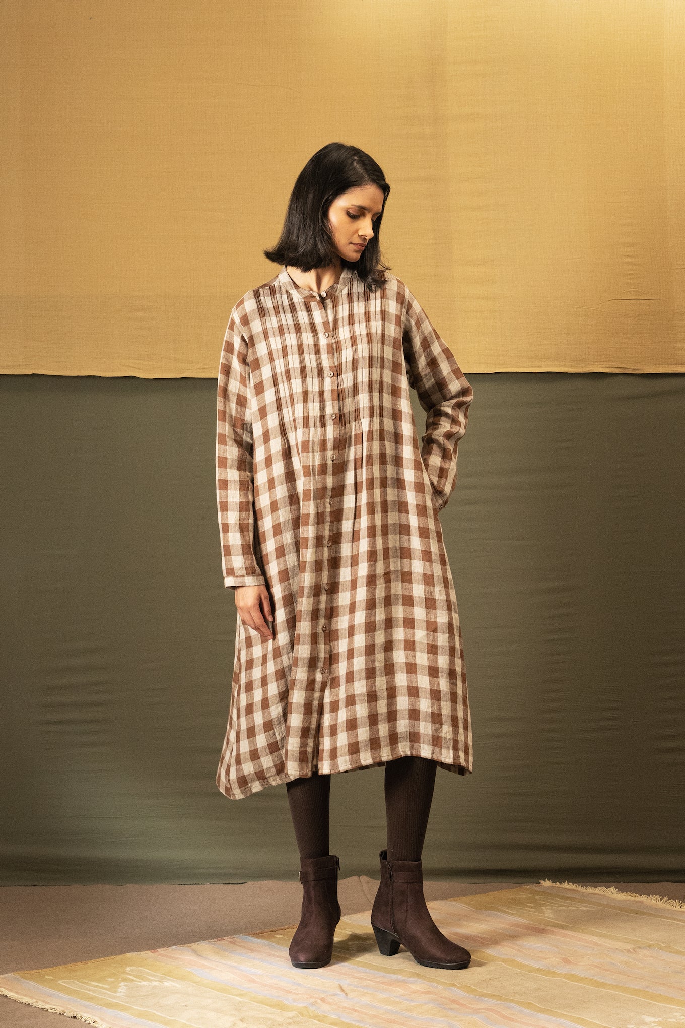 DVE Heera button up dress in French beige linen check.