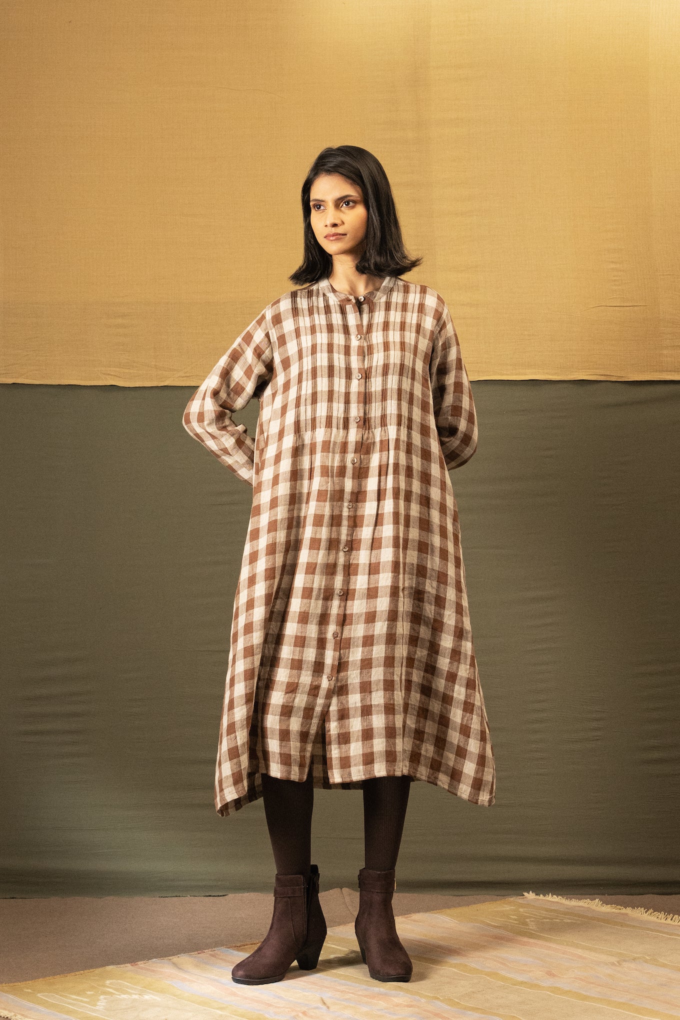 DVE Heera button up dress in French beige linen check.