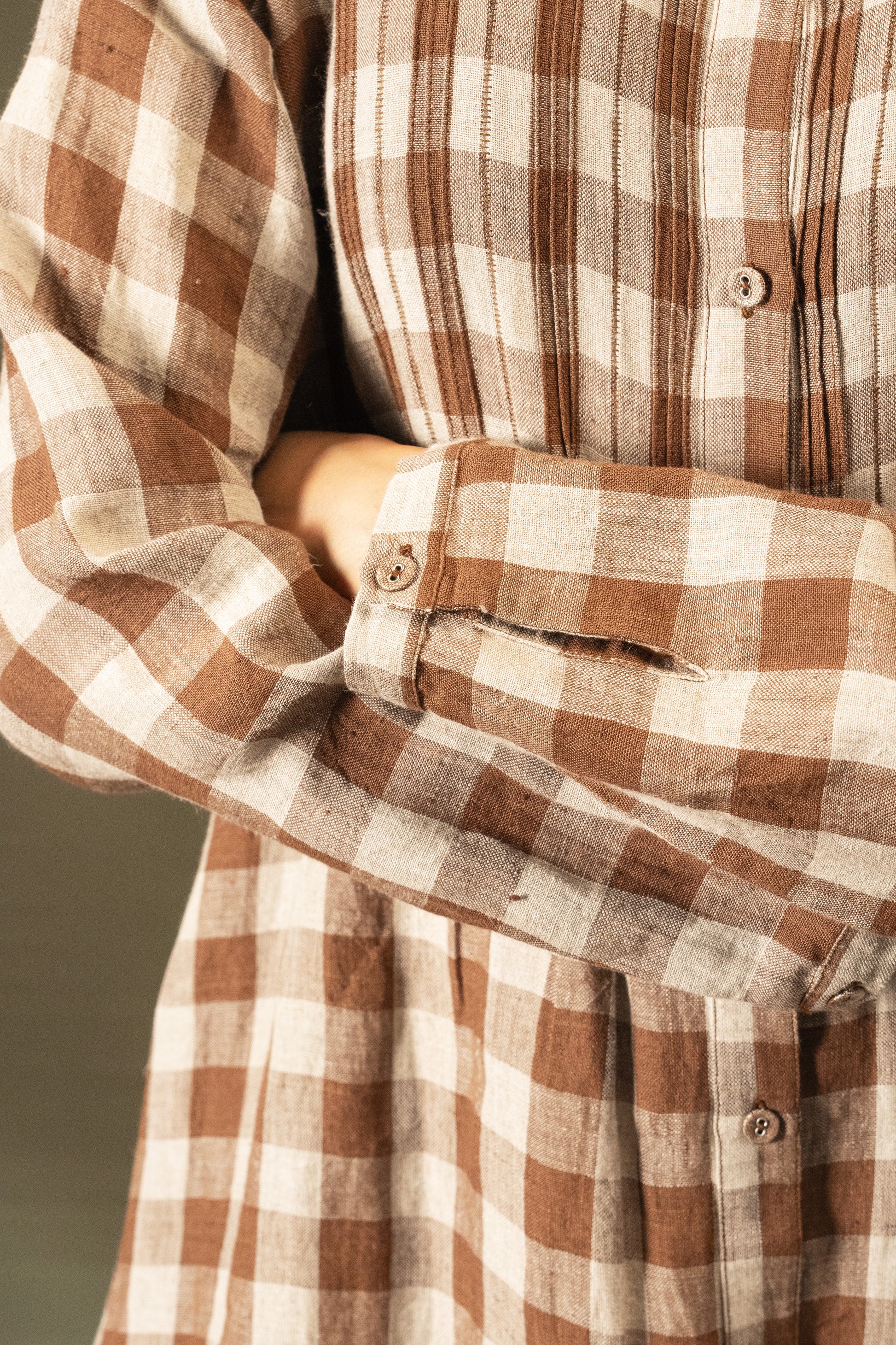 DVE Heera button up dress in French beige linen check.