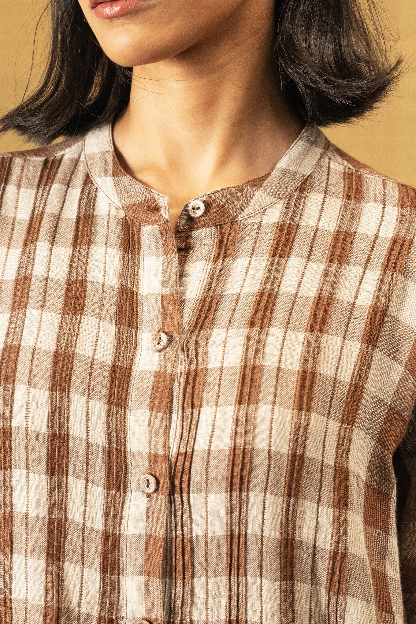 DVE Heera button up dress in French beige linen check.