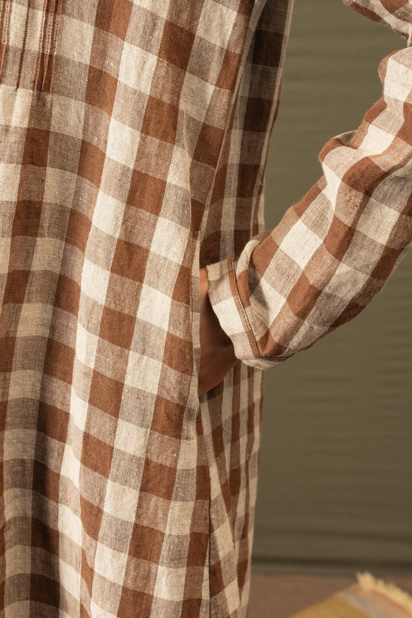 DVE Heera button up dress in French beige linen check.