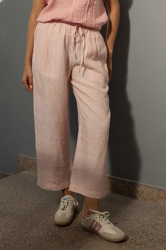DVE Bala linen drawstring elastic waist straight leg pants in rose pink and white handloom.