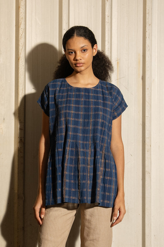 DVE Divya pintucked top in checked handloom indigo check cotton with lurex stripe.