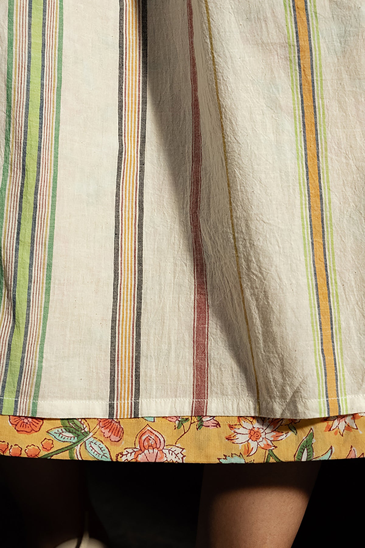 Dve Neela cotton two layered reversible skirt - handloom stripe, and blockprint in yellow floral design.