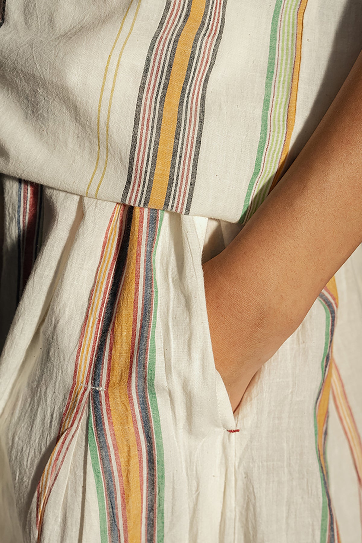 Dve Neela cotton two layered reversible skirt - handloom stripe, and blockprint in yellow floral design.