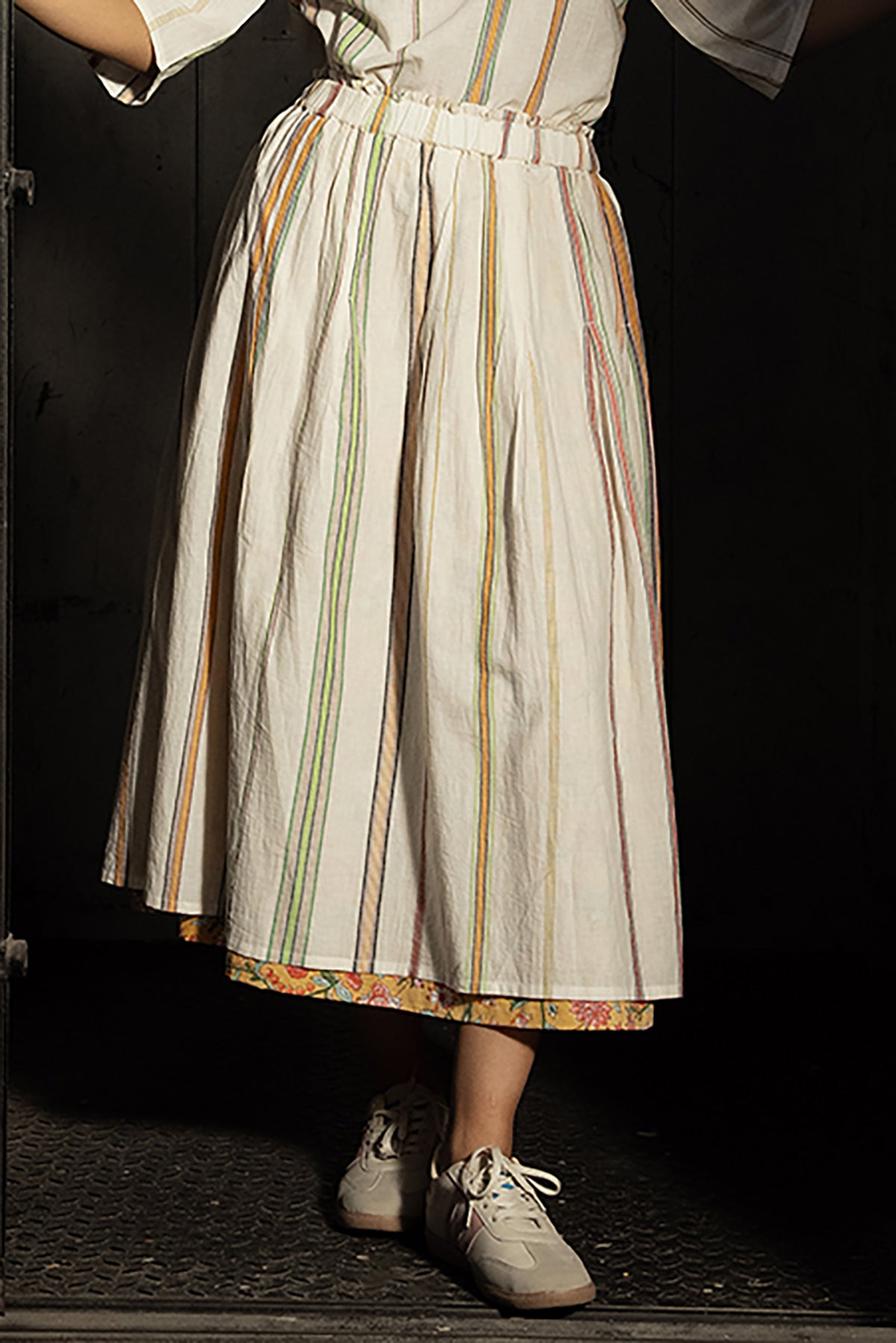 Dve Neela cotton two layered reversible skirt - handloom stripe, and blockprint in yellow floral design.