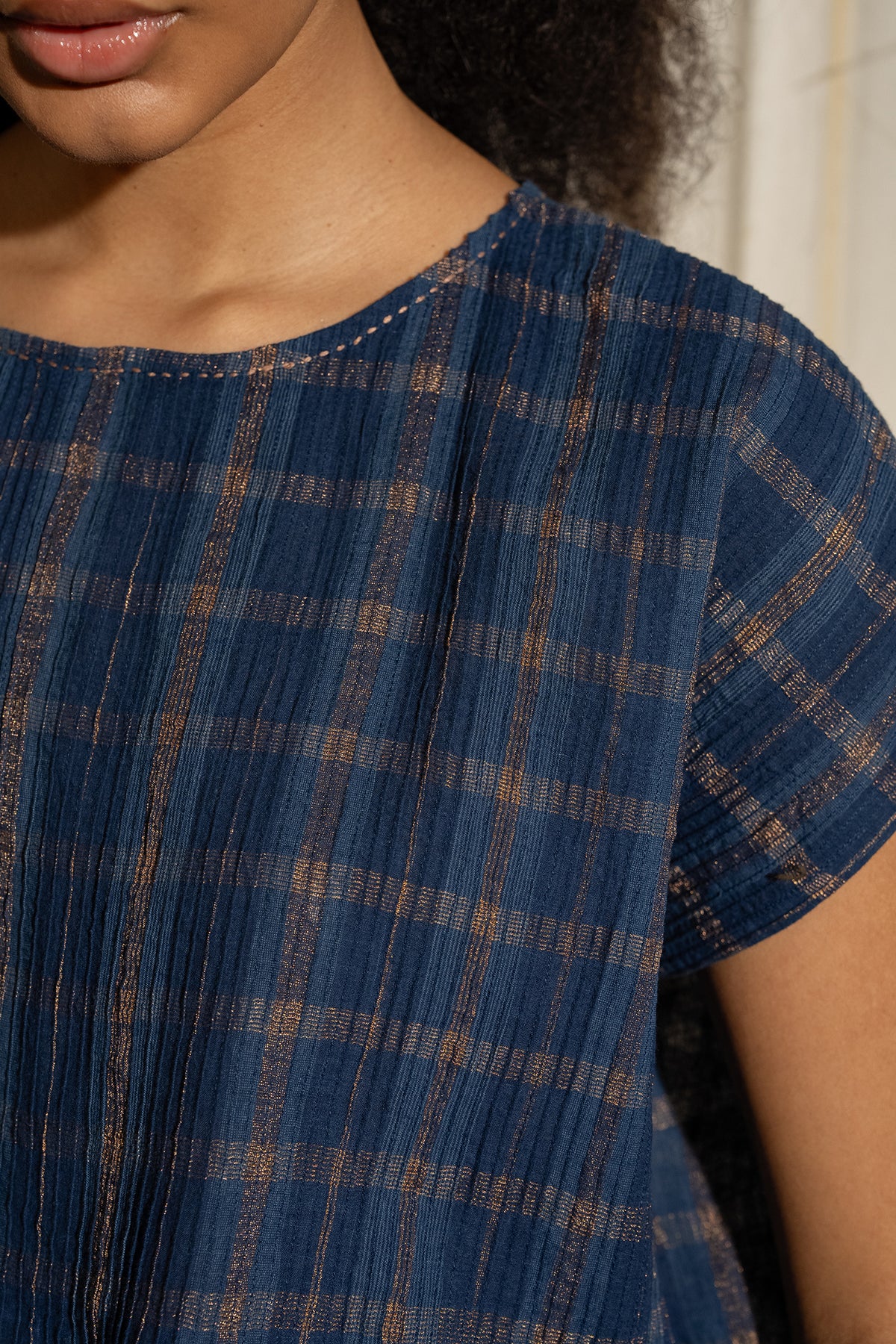DVE Divya pintucked top in checked handloom indigo check cotton with lurex stripe.