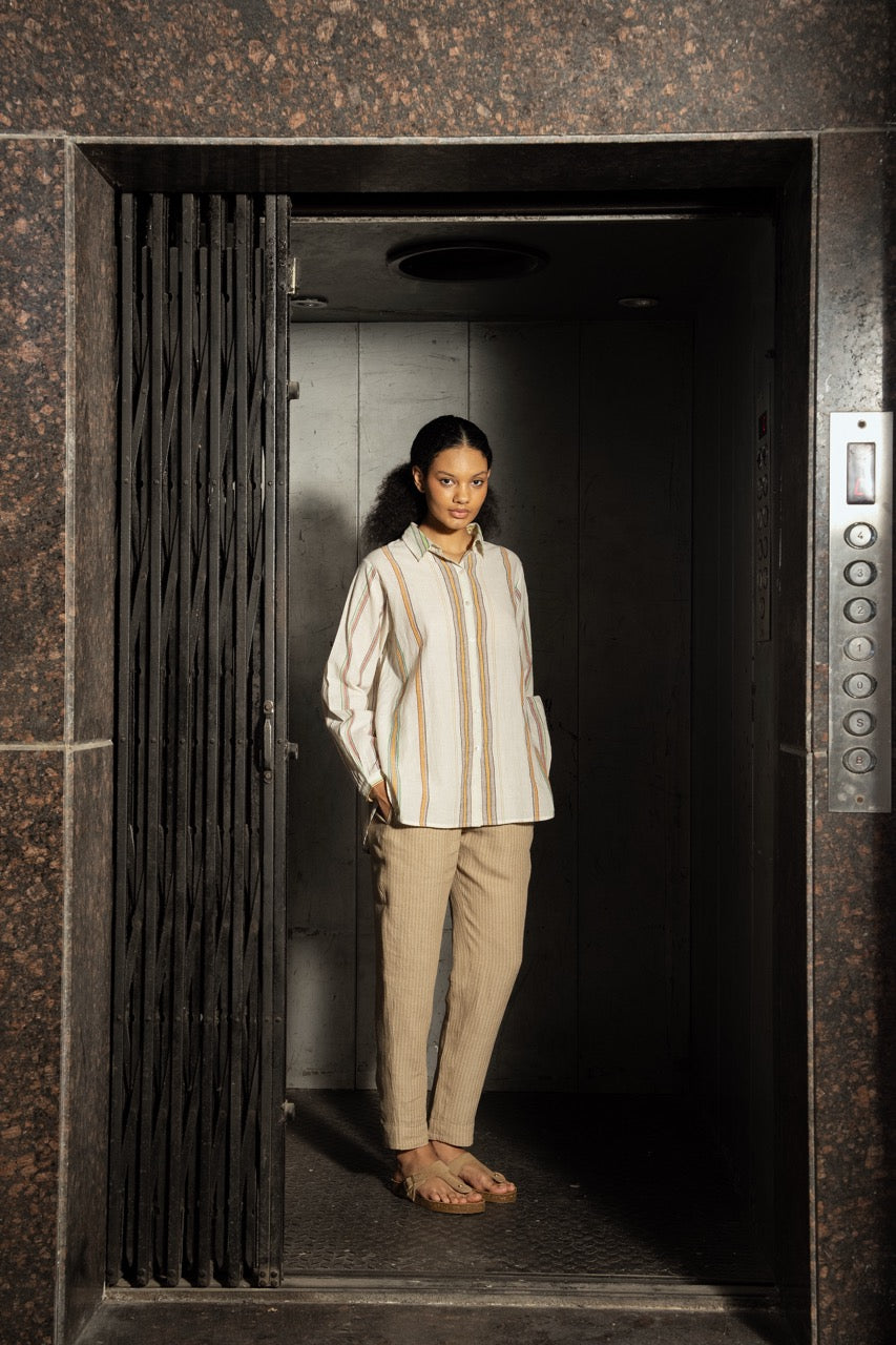 Dve Deveshi button up long sleeve blouse in handloom ecru cotton stripe.