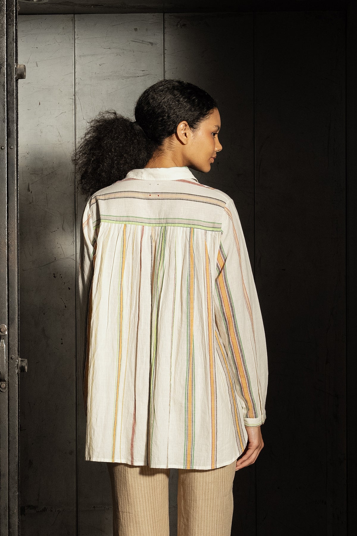 Dve Deveshi button up long sleeve blouse in handloom ecru cotton stripe.