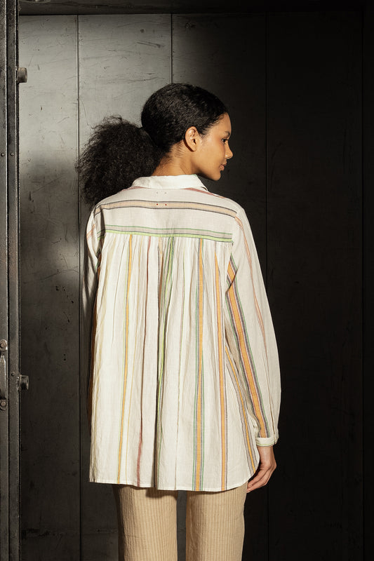 Dve Deveshi button up long sleeve blouse in handloom ecru cotton stripe.