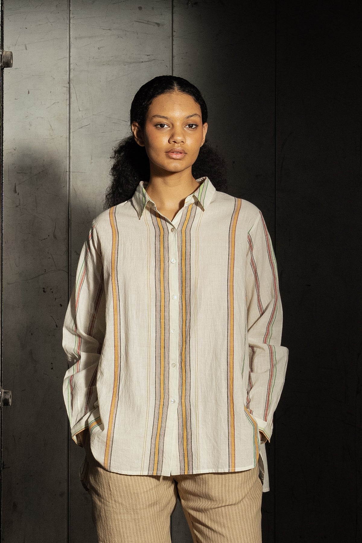 Dve Deveshi button up long sleeve blouse in handloom ecru cotton stripe.