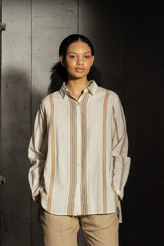 Dve Deveshi button up long sleeve blouse in handloom ecru cotton stripe.