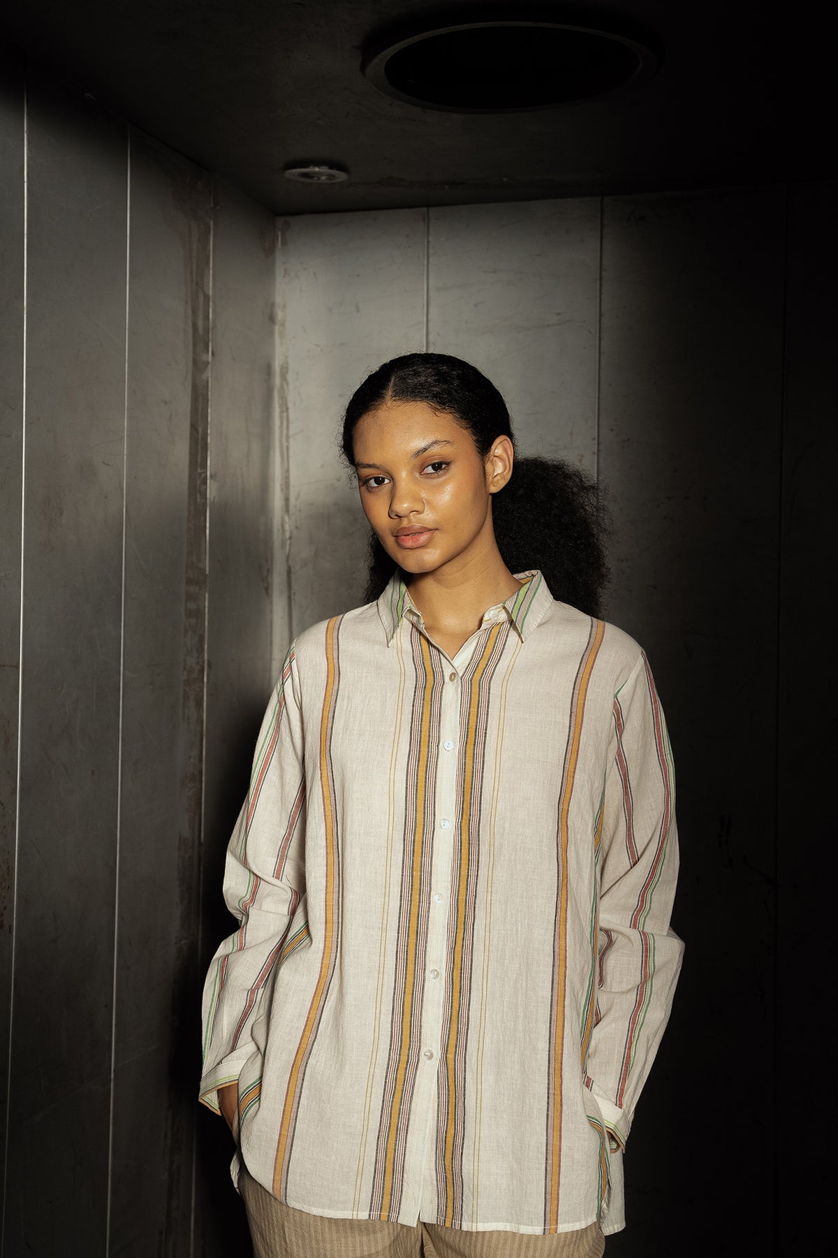 Dve Deveshi button up long sleeve blouse in handloom ecru cotton stripe.
